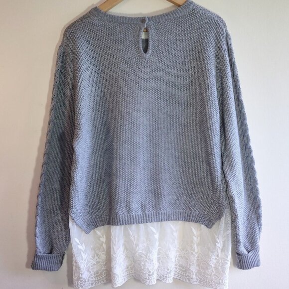 Monteau Soft Gray Sweater w/ Boho Lace Layer Women's XL Urban Street Trend - Picture 4 of 9